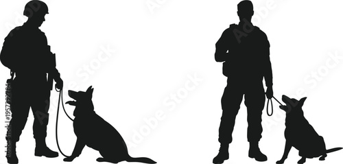 Black Silhouette of Military Soldier and Service Dog Illustration Isolated on White Background for K9 Security and Army Hero Concepts