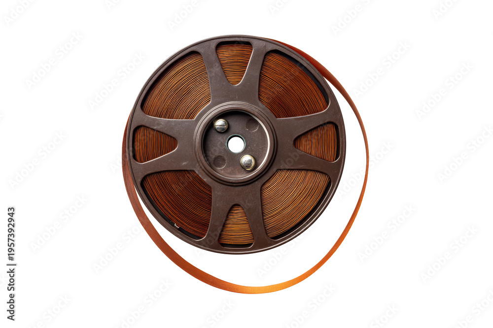 Fototapeta premium Vintage magnetic tape reel analog audio recording media isolated on transparent background