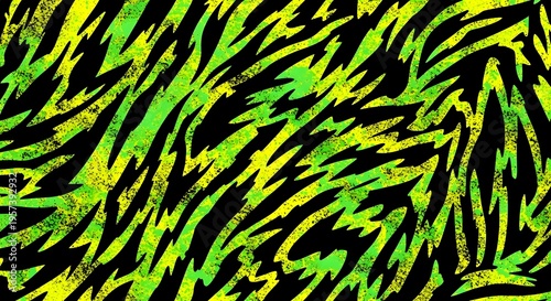 Neon green and yellow abstract tiger stripes. Grunge wild animal print texture. Black zigzag shapes creating a vibrant energetic background pattern.