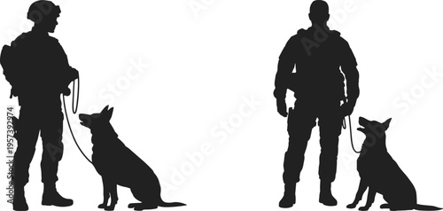 Black Silhouette of Military Soldier with Service Dog Illustration Isolated on White Background for K9 Security and Army Hero Concepts