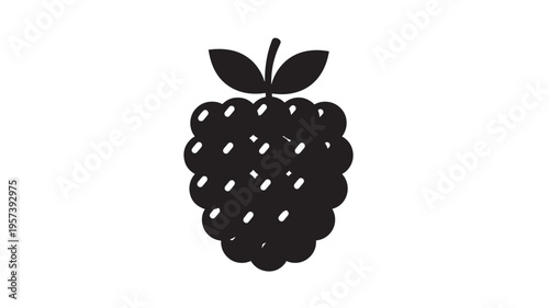 Raspberry simple black icon with two leaves on a white background. featuring berry, fruit, food with silhouette and isolated elements for digital