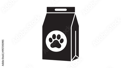 Bag of pet food with paw print icon and handle, simple vector illustration, isolated on white background for easy editing.