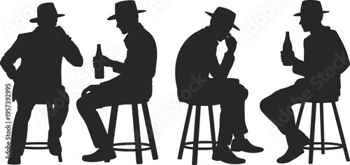 Black Silhouette of Men Sitting on Bar Stools and Drinking Beer Illustration Isolated on White Background for Pub and Nightlife