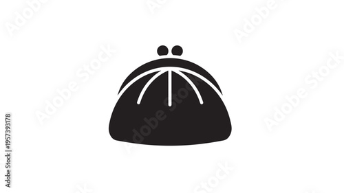 Clutch purse icon with rounded clasp and radiating stitched lines, isolated on white background, simple graphic design.