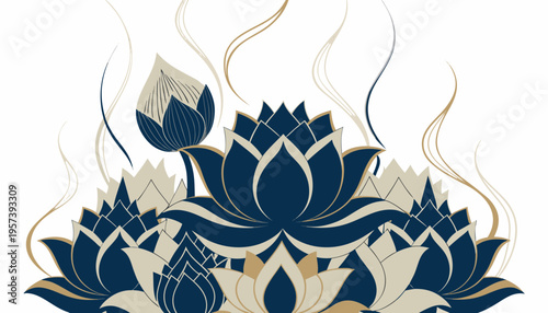 Decorative lotus flowers design in navy blue and cream colors  