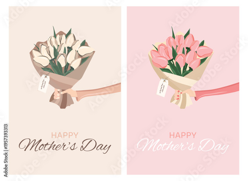 A set of two mother's day greeting cards with tulips. Pink anf white flowers, pastel colours.