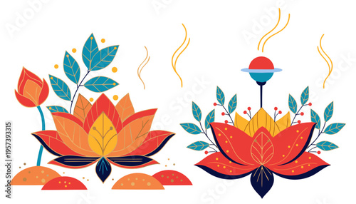 Colorful lotus flowers with leaves and abstract elements in design  