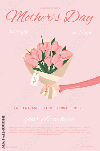 Mother's day invitation flyer. Template for a mother's day event with pink tulips and a hand.