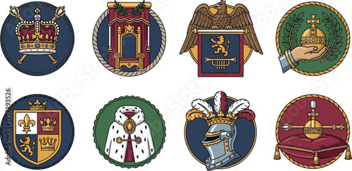 Medieval Kingdom Icon Set Featuring Royal Crown Scepter Golden Throne Heraldic Lion Shield Sword and Fleur De Lis Symbols for History Projects and Game Design