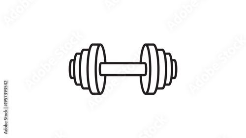 Dumbbell icon with layered weights on each side on a white background, symbolizing strength training and fitness equipment