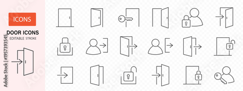 Door icons big set. Open door icons. Open, close and ajar door, login, logout, register, password, vip entrance, key, lock, exit and more. Editable stroke. Vector illustration