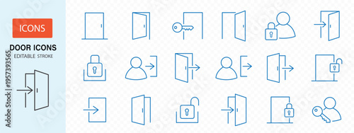 Door icons big set. Open door icons. Open, close and ajar door, login, logout, register, password, vip entrance, key, lock, exit and more. Editable stroke. Vector illustration