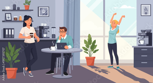 Diverse colleagues enjoying coffee break and working in modern office kitchen