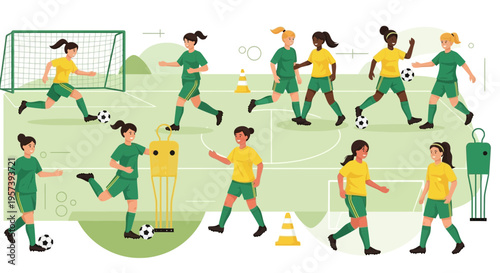 Diverse girls soccer team training on field with coach and equipment