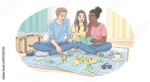 Diverse friends planning a trip, looking at world map, travel adventure concept