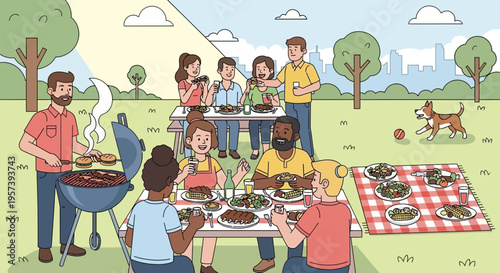 Diverse group of friends and family enjoying a summer picnic in a park with barbecue and food.