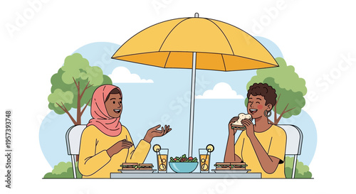 Diverse friends enjoying outdoor lunch picnic under umbrella, healthy food, summer vibes