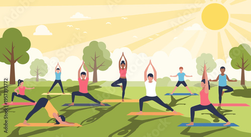 Diverse group of people practicing yoga outdoors in a park on a sunny day, promoting wellness and healthy lifestyle.