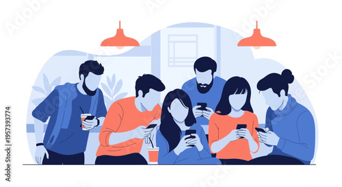 Diverse group of friends using smartphones together in a cafe, modern lifestyle concept