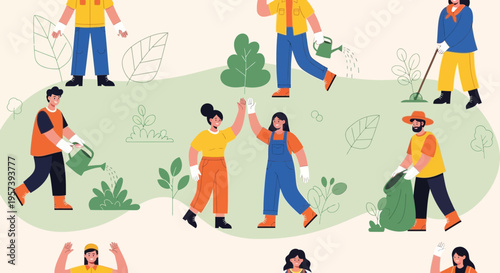 Diverse group of people volunteering for environmental cleanup and gardening