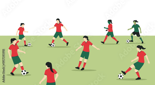 Diverse women's soccer team practicing drills on a green field, dynamic action shots