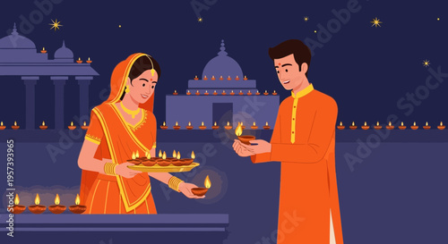 Diwali celebration: Couple lights diyas, symbolizing light over darkness and prosperity