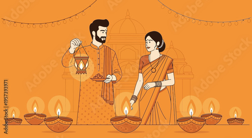 Diwali Celebration: Couple lighting diyas, Indian festival of lights, traditional attire, festive atmosphere