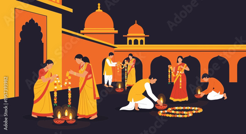 Diwali celebration: people decorating with diyas and garlands, Indian festival of lights
