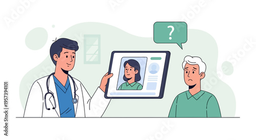 Doctor shows patient medical record on tablet, telemedicine consultation, healthcare concept
