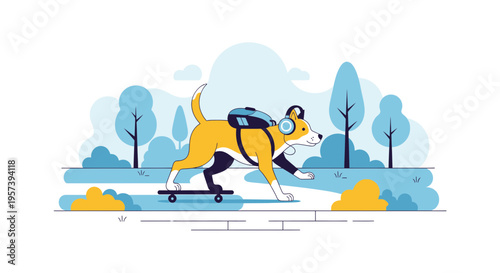 Dog with backpack and headphones riding a skateboard in a park