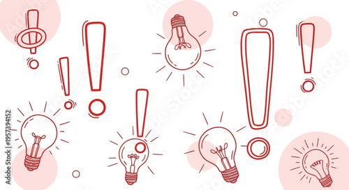 Doodle Idea Lightbulbs and Exclamation Marks, Creative Concept, Innovation and Inspiration