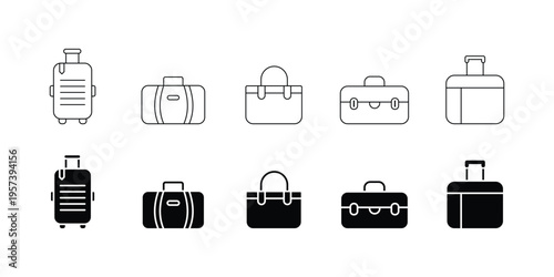 Travel Luggage Bag Icon Set  Suitcase, Handbag, Trolley Bag, Briefcase and Travel Bag Solid Black Vector Silhouette Icons for Tourism, Vacation and Transportation Design.eps10