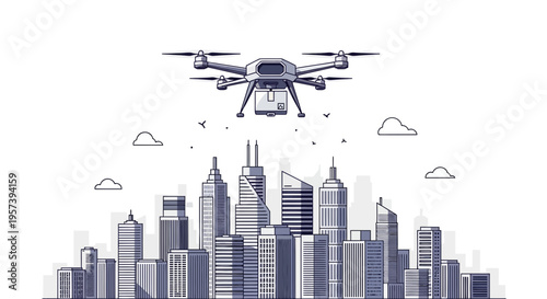 Drone delivering package over futuristic city skyline, aerial delivery, technology concept