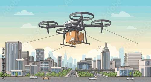 Drone delivery service flying over city skyline with package