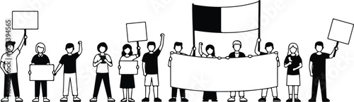 Vector illustration of people holding signs, banner and placards on a protest demonstration or picket. People against violence, pollution, discrimination, human rights violation