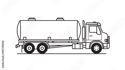 Tanker truck with a large cylindrical barrel, designed for transporting liquids or gases on the road.