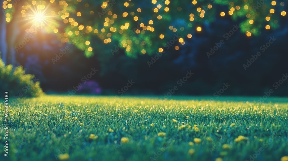 Fototapeta premium Golden hour sunbeams filter through bokeh lights onto a lush green lawn
