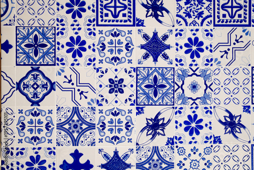 Traditional Portuguese blue and white azulejo decorative ceramic tile pattern wall in Macau heritage building