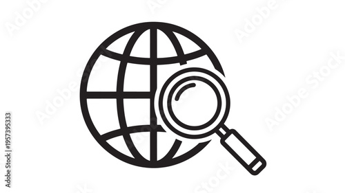 Globe with magnifying glass symbol representing global search and exploration with a clean, minimalist design on a white background.