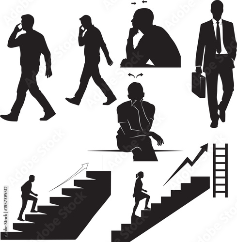 Black vector illustration of business people silhouettes including a businessman and woman walking on stairs as shadows of professional men and a person.