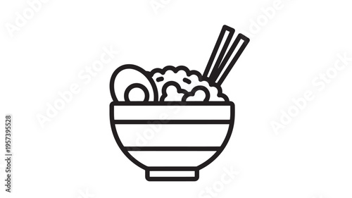 Bowl of ramen with chopsticks and half an egg, depicted in a simple, clean black outline style on a white background.