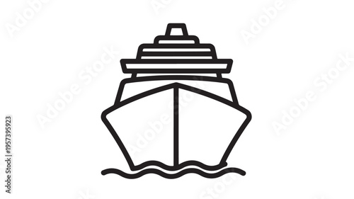Cruise ship silhouette icon with wavy water beneath, representing maritime travel and vacation. featuring boat, vessel, sea with ocean and journey