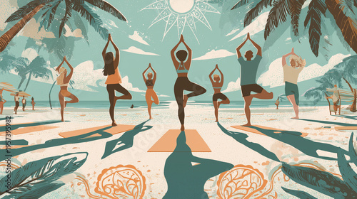 A diverse people practicing yoga on a sunny beach, perfect for wellness, travel, or lifestyle promotions.