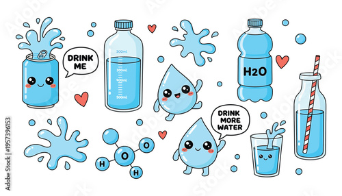 Drink more water. Glass with liquid splashes and drops. Fitness for health. Glasses, bottles, jug, jar, flask with clean water. Isolated on white background