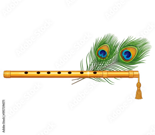 Traditional golden bamboo flute adorned with vibrant peacock feathers and a silk tassel isolated on transparent background
