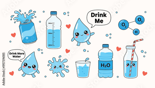 Drink more water. Glass with liquid splashes and drops. Fitness for health. Glasses, bottles, jug, jar, flask with clean water. Isolated on white background