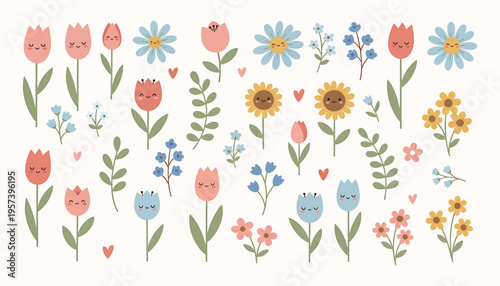 Set of spring and summer abstract hand drawn flowers. Floral cute doodle elements. Collection of colorful cartoon style flowers arranged on a white background