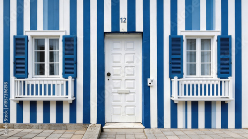 blue striped house facade portugal costa nova symmetry