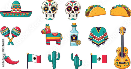 Mexican Culture Icon Set with Sugar Skulls, Piñata, Tequila Bottle, Taco, and Cactus for Cinco de Mayo, Fiesta Party Decorations, and Travel Design
