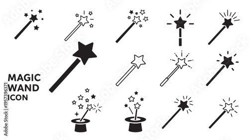 Magic wand icons with stars and sparkles, depicting fantasy and enchantment with simple black line art and solid shapes.